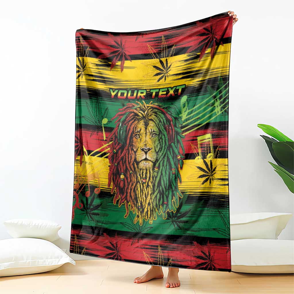Rastafarian lion blanket draped over sofa, showing lion face and cannabis leaf pattern