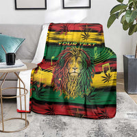 Rastafarian lion blanket on floor beside chair, with “YOURTEXT” and cannabis leaves