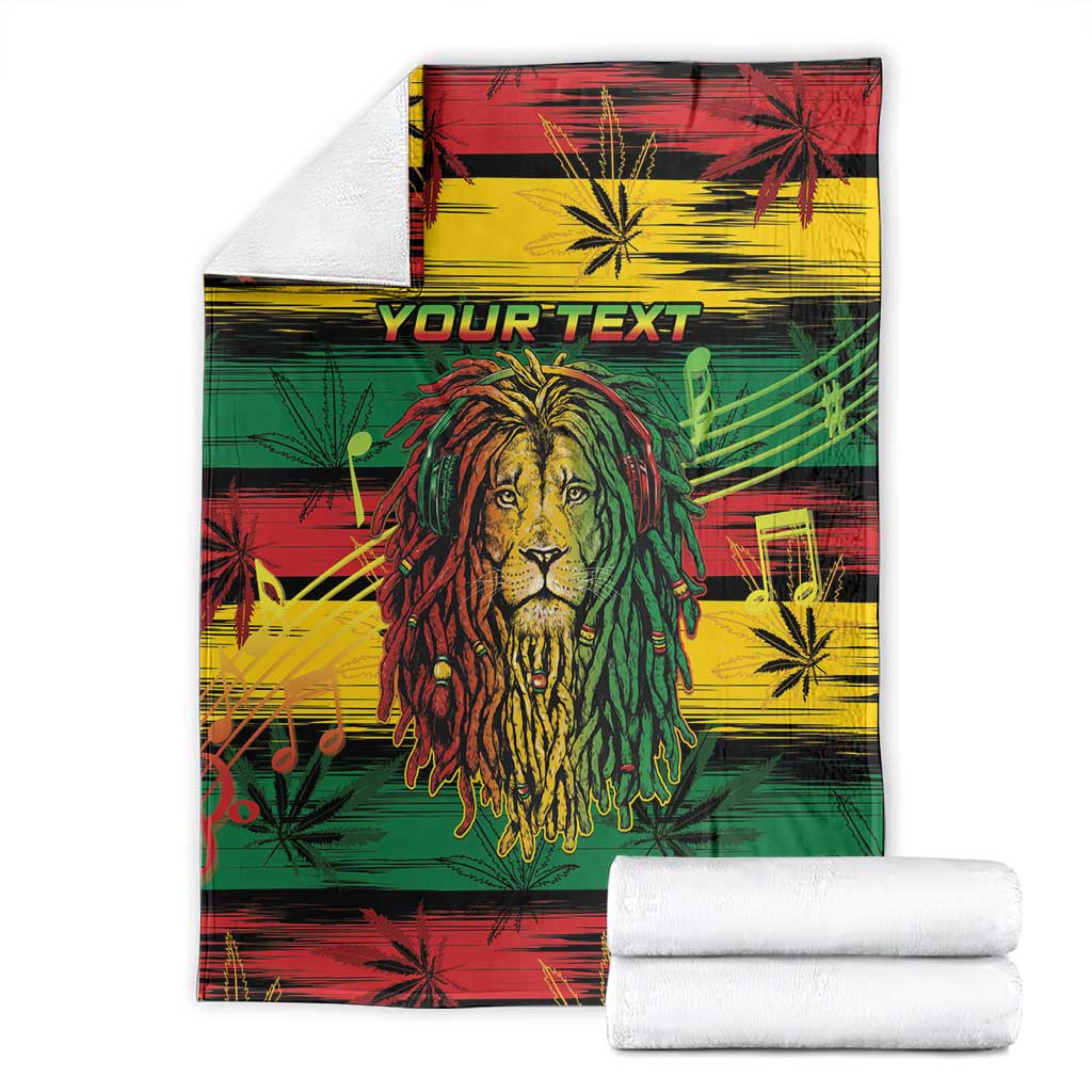 Rastafarian lion blanket on white background, with lion artwork, “YOURTEXT,” and leaf motifs