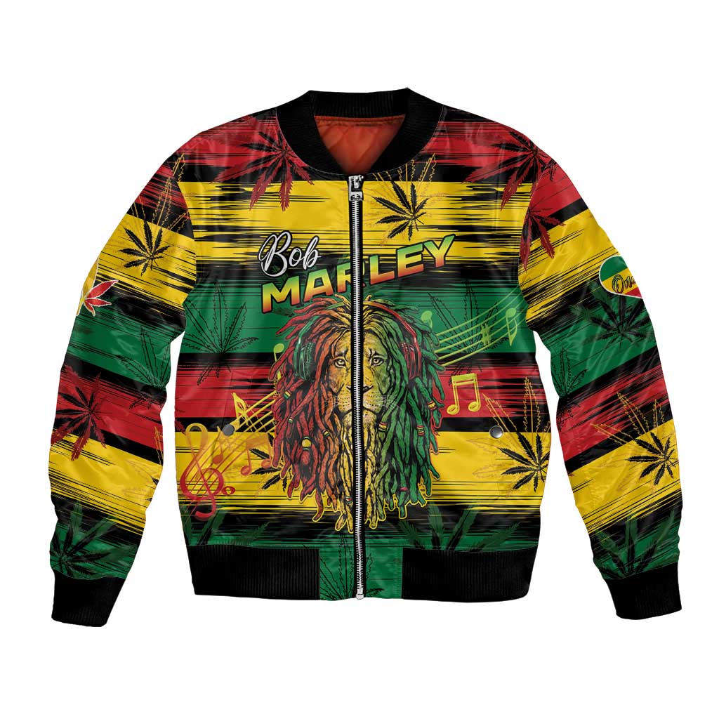 Unisex bomber jacket with front zip, colorful Rastafarian lion and cannabis leaf stripe print