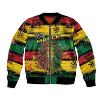 Unisex bomber jacket with front zip, colorful Rastafarian lion and cannabis leaf stripe print
