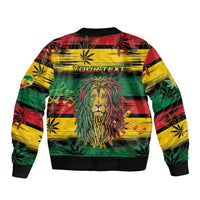 Unisex bomber jacket with rear lion face graphic and custom text over striped cannabis leaf print