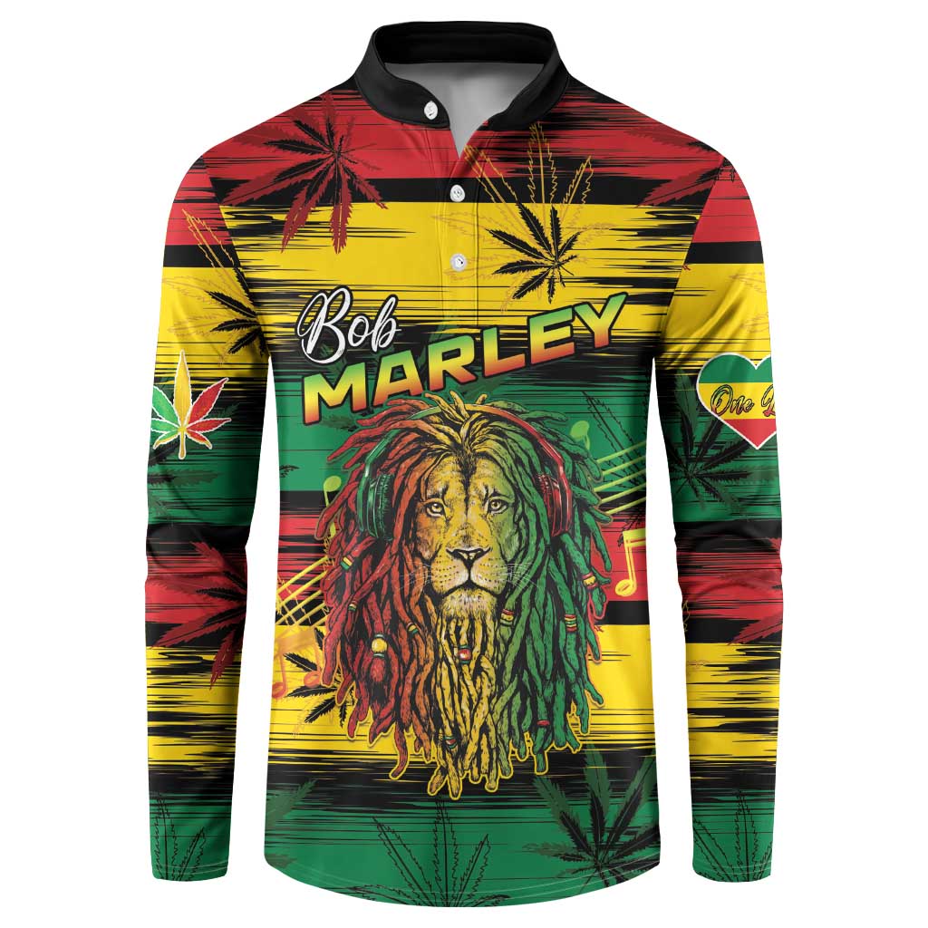 Black-collar button sweatshirt with Bob Marley lion graphic and reggae leaf pattern