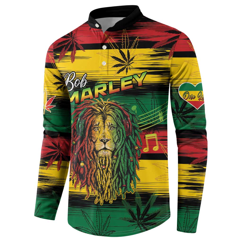 Button sweatshirt featuring Bob MARLEY text, lion face graphic, and cannabis leaf pattern