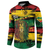 Button sweatshirt featuring Bob MARLEY text, lion face graphic, and cannabis leaf pattern