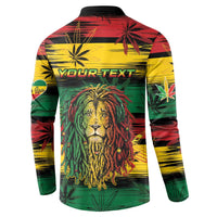 Back button sweatshirt with YOURTEXT, lion graphic, and cannabis leaf and palm print