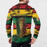 Back view button sweatshirt with YOURTEXT, lion graphic, and cannabis leaf and palm print