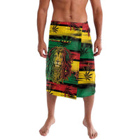 Men's sarong skirt with green, yellow, red plaid and lion face plus cannabis leaf print