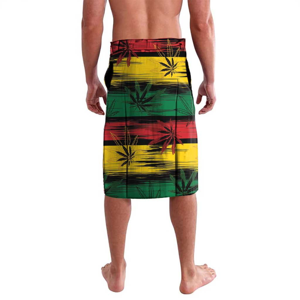 Men's sarong skirt with red, yellow, green plaid and cannabis leaf pattern