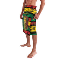 Men's sarong skirt with lion face and cannabis leaf pattern in red, yellow, green panels