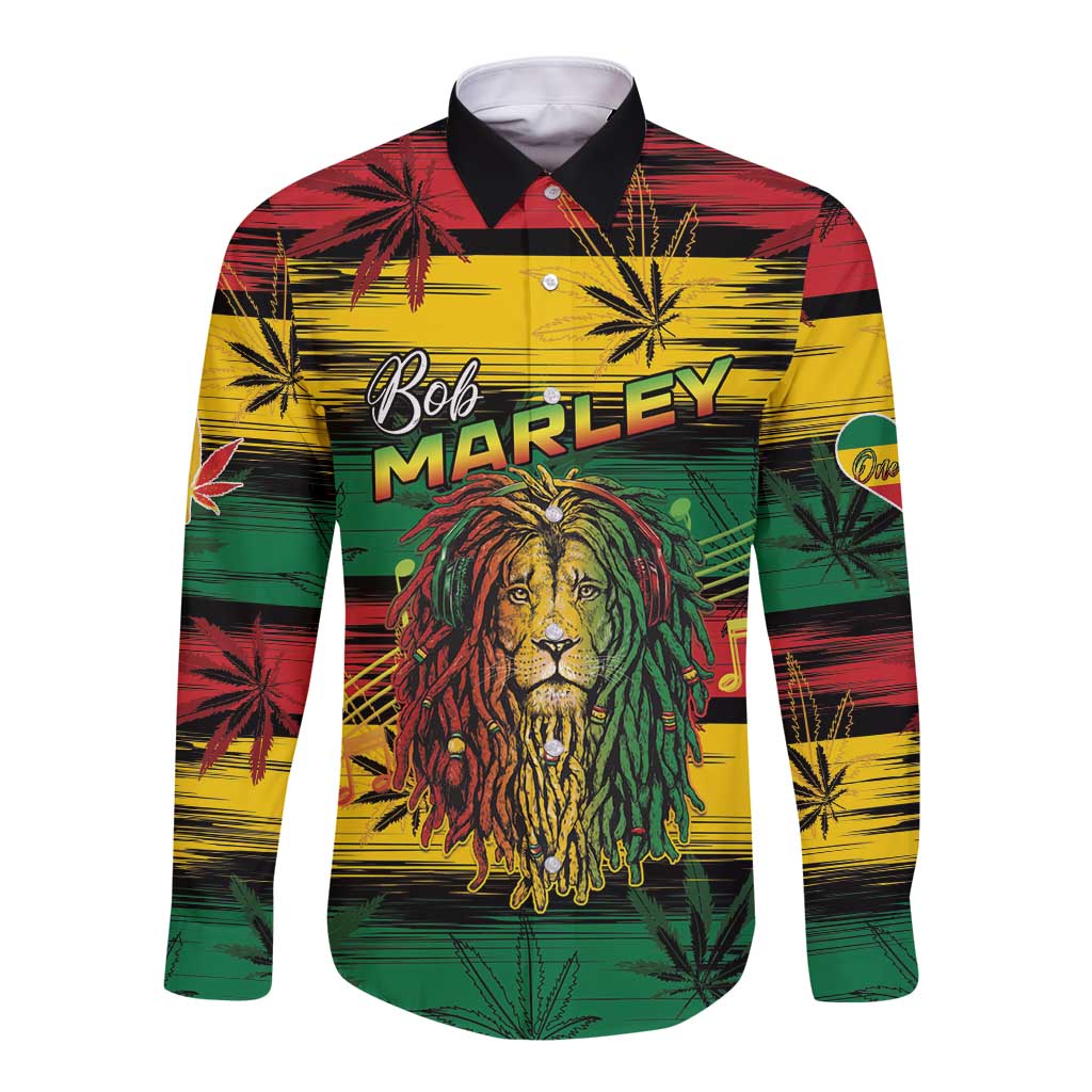 Multicolor long sleeve button shirt with lion graphic, palm leaf pattern, Bob MARLEY text