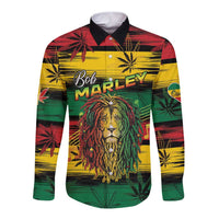 Multicolor long sleeve button shirt with lion graphic, palm leaf pattern, Bob MARLEY text