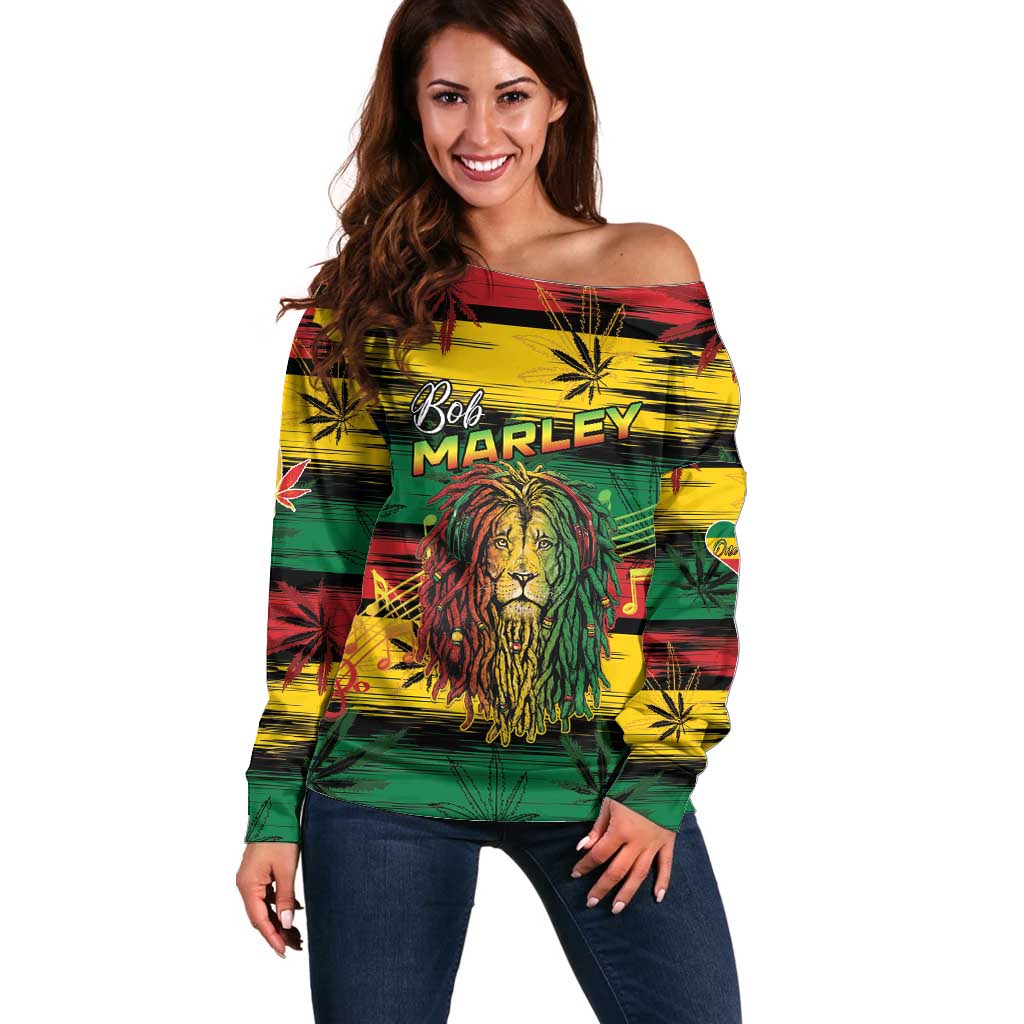 Personalised Rastafarian Lion Off Shoulder Sweater Cannabis Leaf Pattern