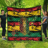 Personalized lion cannabis-leaf quilt, red-yellow-green stripes, YOUR TEXT centered