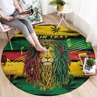 Round rug with full Rastafarian lion face, green and yellow cannabis leaves, custom text