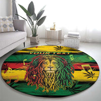 Round lion graphic carpet with green, yellow, and red cannabis-leaf pattern and “YOUR TEXT”