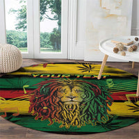 Round carpet with lion face and cannabis leaf pattern, custom “YOUR TEXT” across center