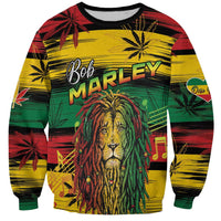 Unisex crewneck sweatshirt, black collar and cuffs, colorful lion graphic with palm leaves
