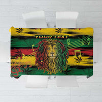 Rectangular tablecloth with lion and cannabis leaf graphic plus custom text area