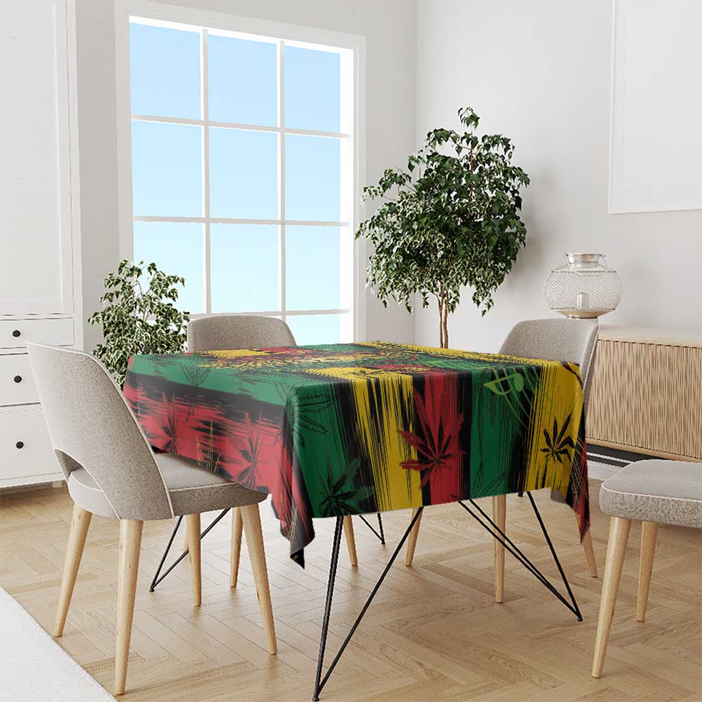 Colorful rectangular tablecloth with tropical foliage and cannabis leaf pattern on table