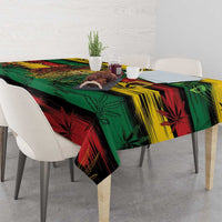 Rectangular tablecloth with green, red, and yellow cannabis leaf and tropical pattern