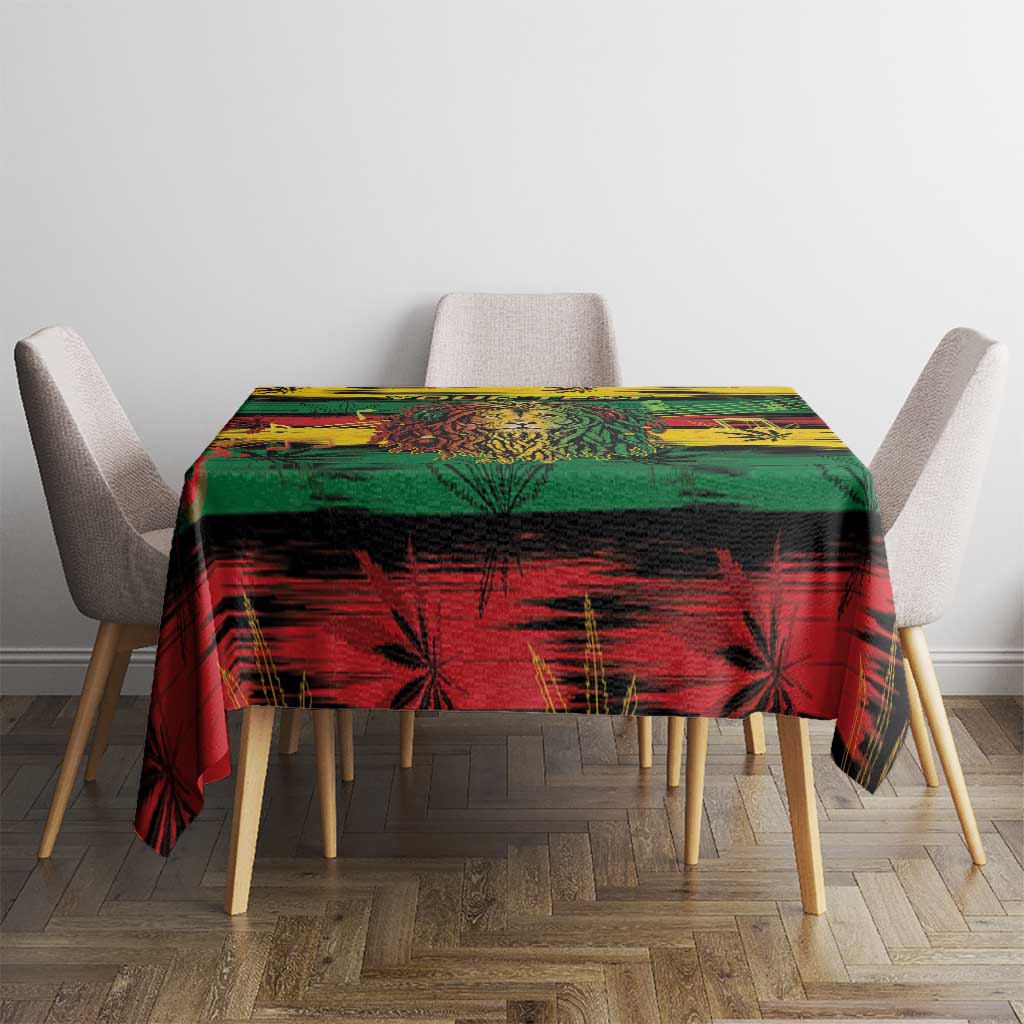 Rectangular tablecloth with colorful tropical foliage and cannabis leaf pattern on table
