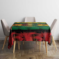 Rectangular tablecloth with colorful tropical foliage and cannabis leaf pattern on table