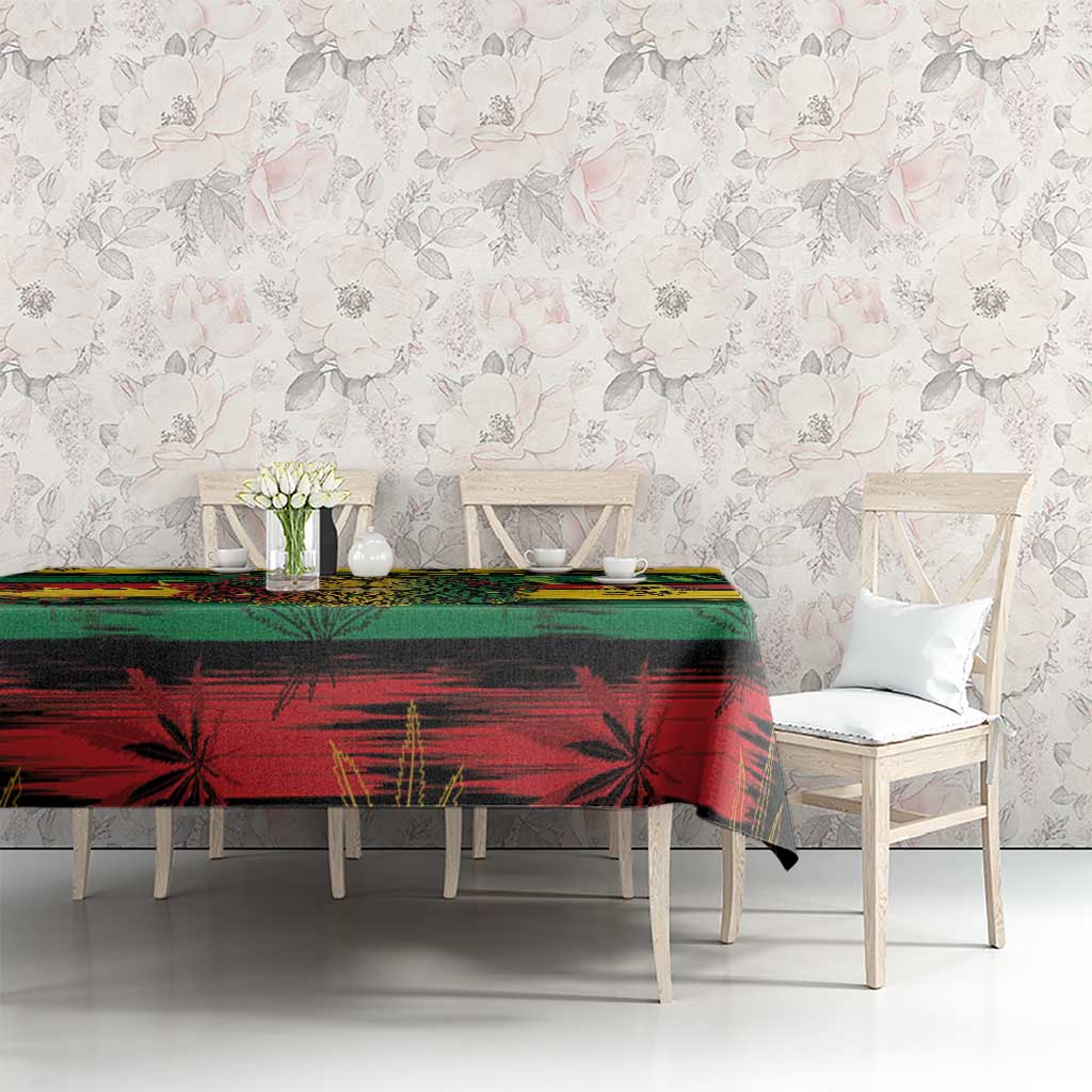 Rectangular tablecloth with colorful cannabis leaf and tropical pattern on dining table