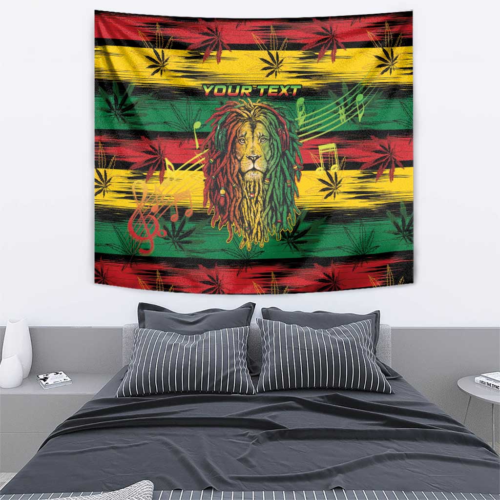 Rasta lion tapestry wall hanging with cannabis leaves, red yellow green, “YOUR TEXT”