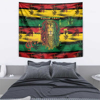 Rasta lion tapestry wall hanging with cannabis leaves, red yellow green, “YOUR TEXT”