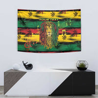 Rasta lion tapestry featuring lion head, cannabis leaf pattern, red/yellow/green stripes