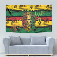 Rasta lion tapestry with cannabis leaf pattern, red/yellow/green backdrop and “YOUR TEXT”