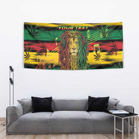 Rasta lion tapestry wall hanging with cannabis leaf pattern, red yellow green and “YOUR TEXT”