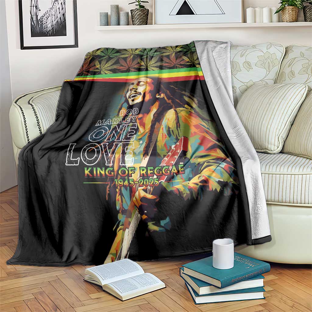 Black photo-print throw blanket with Marley portrait, reggae text, and leaf-pattern top