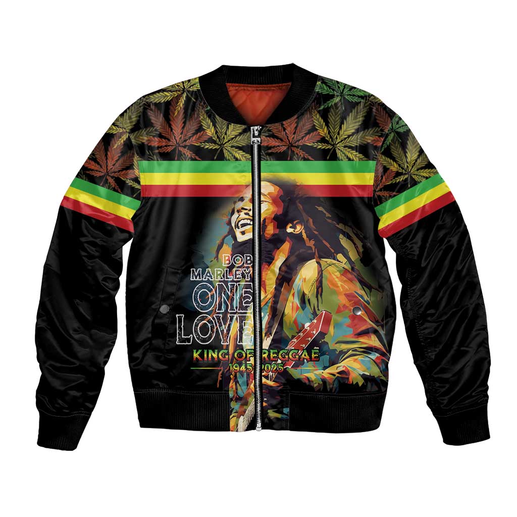 Black unisex bomber jacket with reggae Bob Marley graphic and striped sleeves
