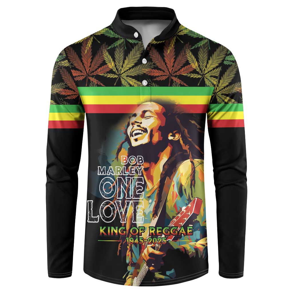 Black long-sleeve button sweatshirt with tropical leaf yoke and reggae graphic front