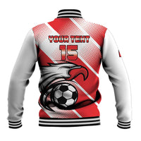 Custom Tunisia football baseball jacket back, red/white with 'YOUR TEXT 15' and eagle soccer graphic