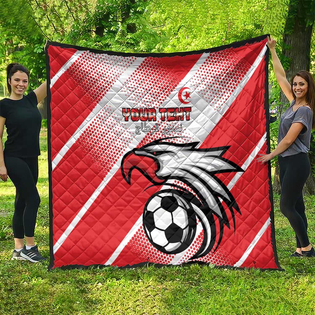 Red Tunisia football quilt featuring eagle mascot and soccer ball on white diagonal stripes