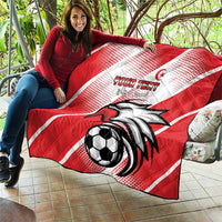 Red Tunisia football quilt with eagle mascot and soccer ball, white diagonal stripe accents