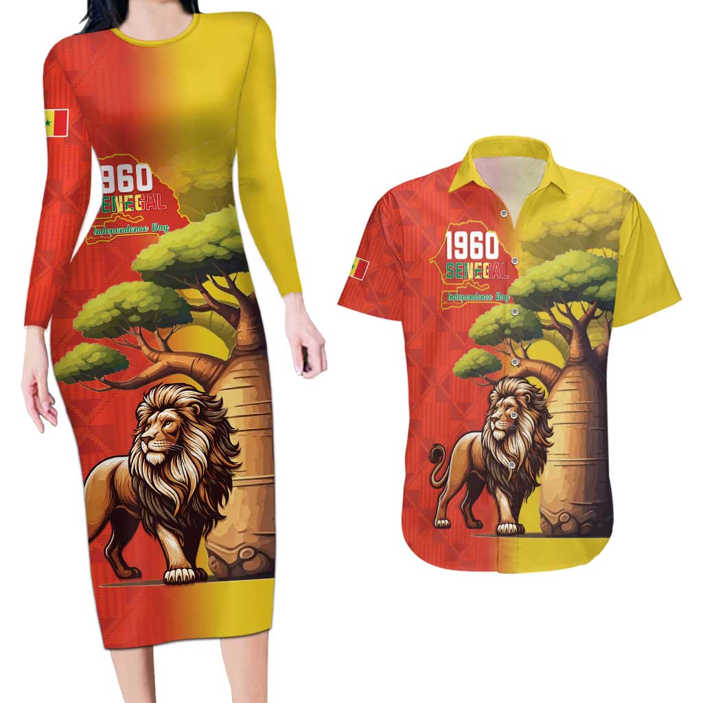 Senegal Independence Day Couples Matching Long Sleeve Bodycon Dress and Hawaiian Shirt Lion With Baobab