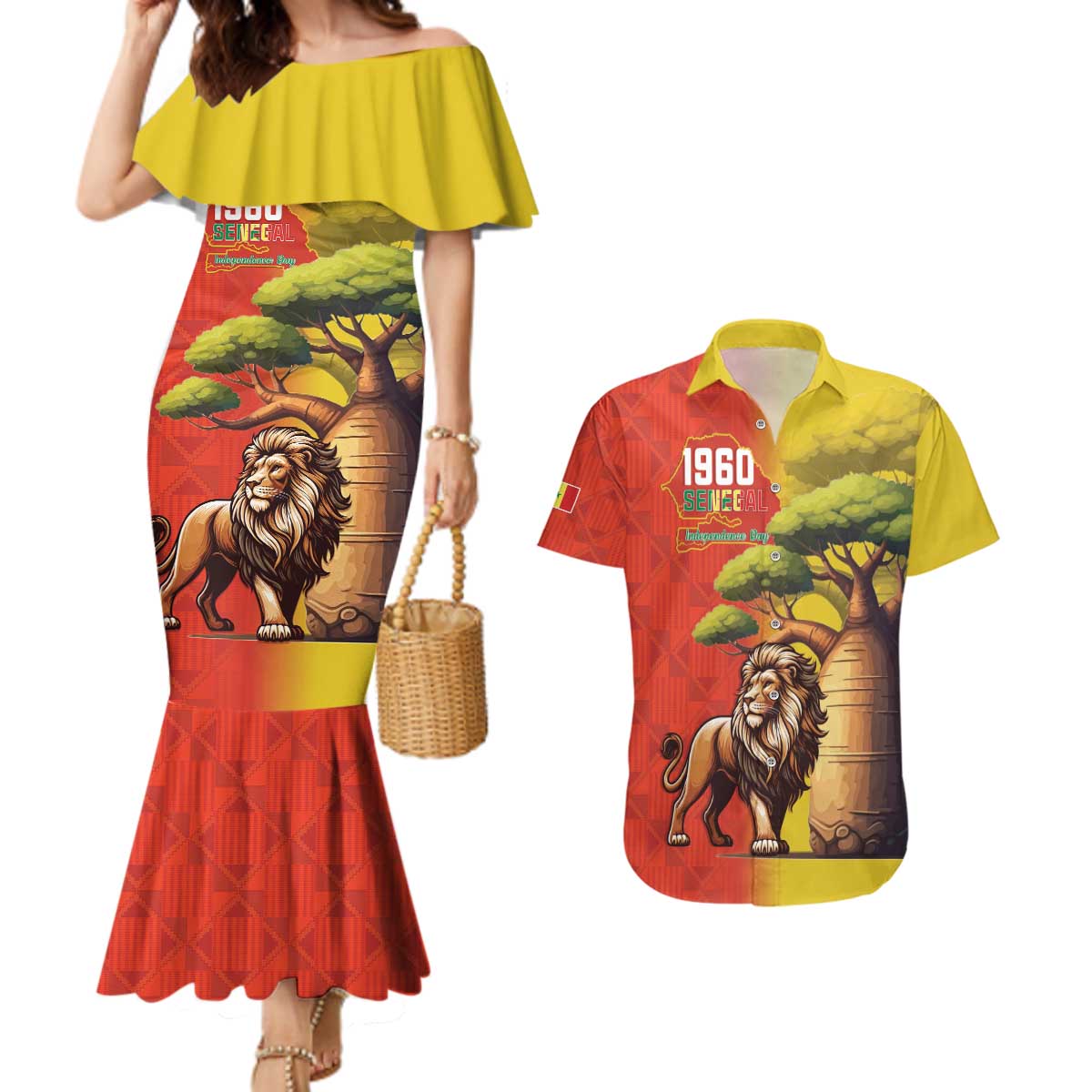 Senegal Independence Day Couples Matching Mermaid Dress and Hawaiian Shirt Lion With Baobab