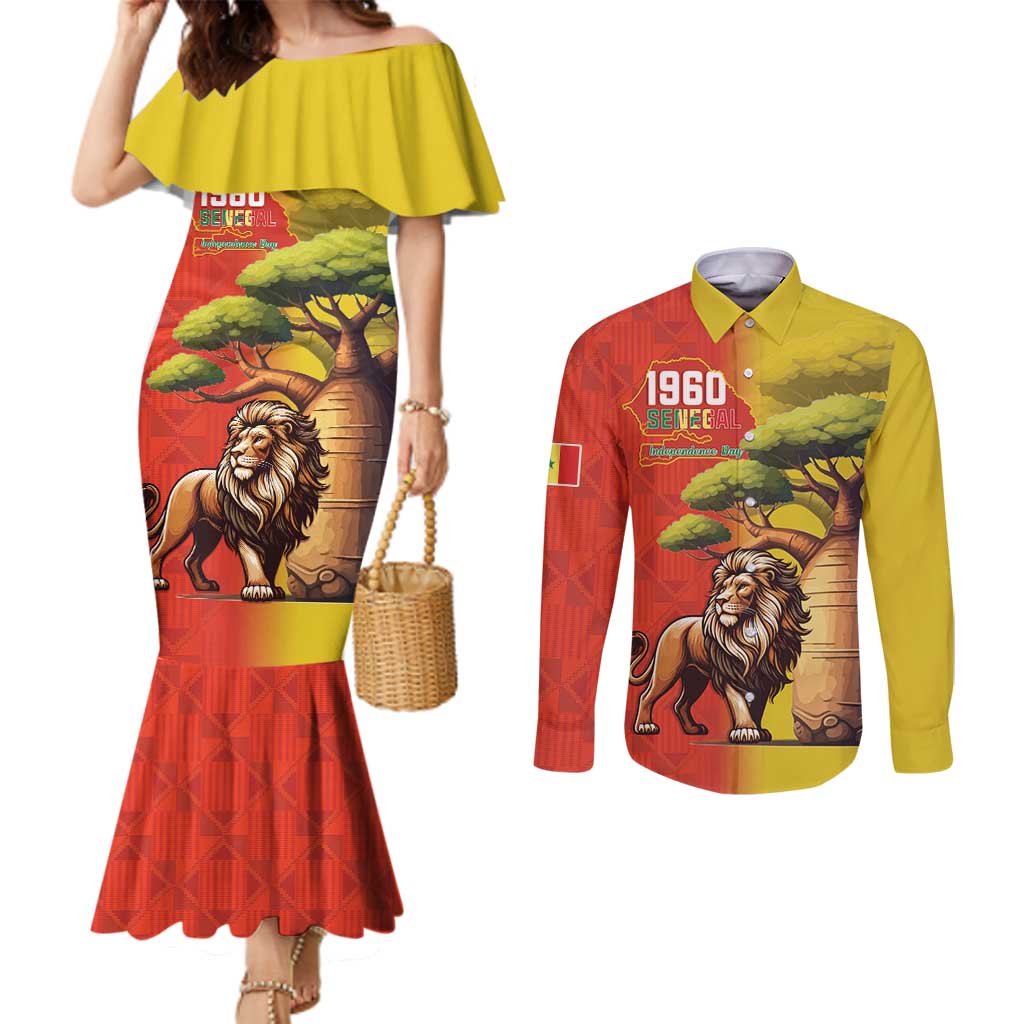 Senegal Independence Day Couples Matching Mermaid Dress and Long Sleeve Button Shirt Lion With Baobab