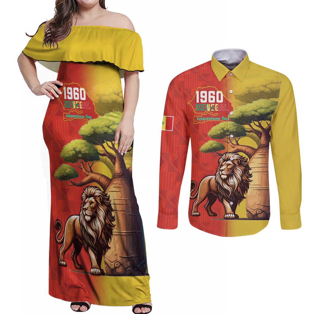 Senegal Independence Day Couples Matching Off Shoulder Maxi Dress and Long Sleeve Button Shirt Lion With Baobab