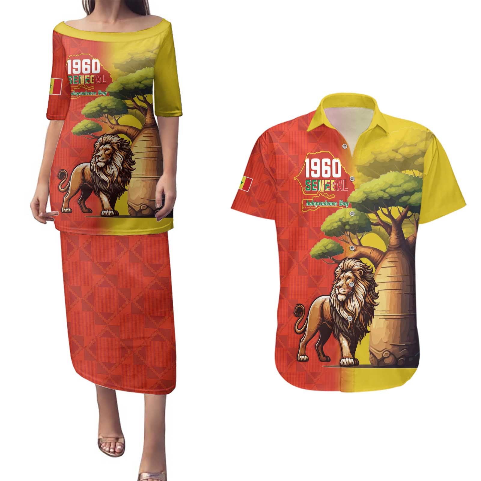 Senegal Independence Day Couples Matching Puletasi and Hawaiian Shirt Lion With Baobab