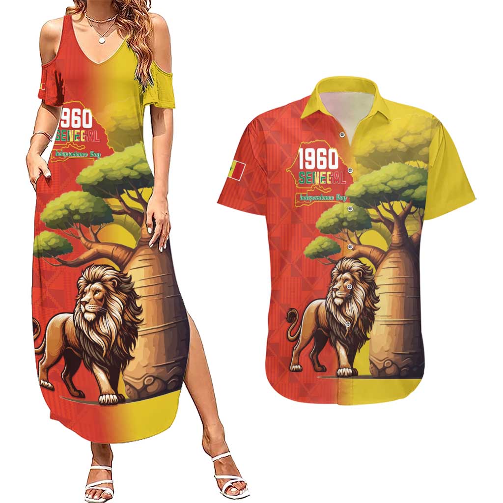 Senegal Independence Day Couples Matching Summer Maxi Dress and Hawaiian Shirt Lion With Baobab