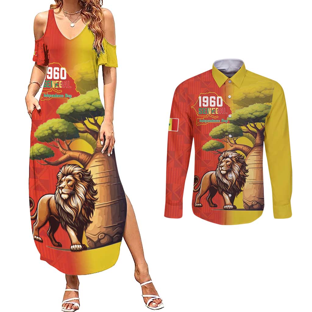 Senegal Independence Day Couples Matching Summer Maxi Dress and Long Sleeve Button Shirt Lion With Baobab