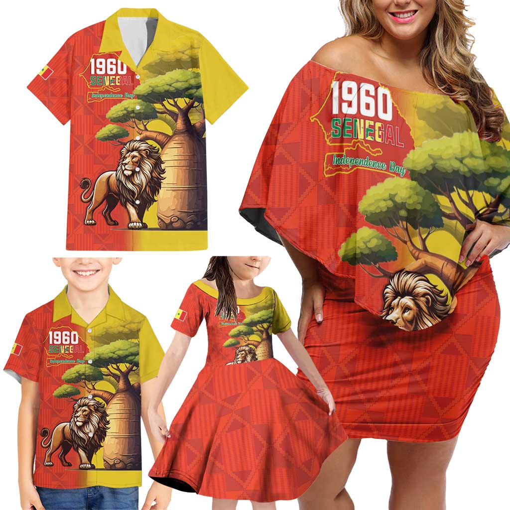 Senegal Independence Day Family Matching Off Shoulder Short Dress and Hawaiian Shirt Lion With Baobab