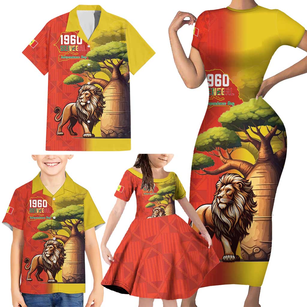 Senegal Independence Day Family Matching Short Sleeve Bodycon Dress and Hawaiian Shirt Lion With Baobab