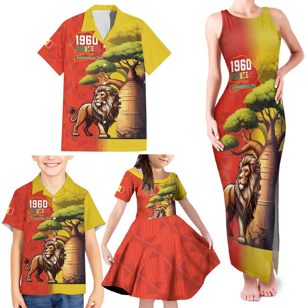 Senegal Independence Day Family Matching Tank Maxi Dress and Hawaiian Shirt Lion With Baobab