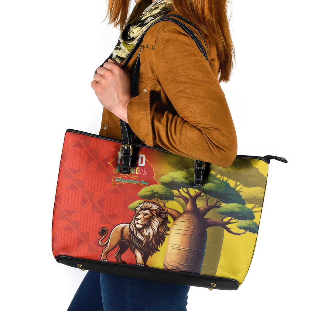 Senegal Independence Day Leather Tote Bag Lion With Baobab